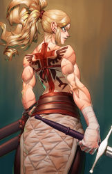 Rule 34 | 1girl, absurdres, back, bandages, blonde hair, cross, highres, holding, holding weapon, joseph virtuoso, looking to the side, muscular, muscular female, original, ponytail, scabbard, scar, scar on face, sheath, skirt, solo, sword, tattoo, toned, weapon