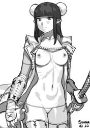 Rule 34 | 1girl, absurdres, armor, artist name, blunt bangs, breasts, closed mouth, collarbone, cowboy shot, dated, elf, greyscale, highres, holding, holding sword, holding weapon, katana, long hair, medium breasts, monochrome, navel, nipples, original, panties, pointy ears, side-tie panties, simple background, smile, solo, sunna (nilsunna), sword, thighhighs, underwear, vambraces, weapon, white background
