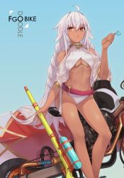 Rule 34 | 1girl, absurdres, ahoge, bare legs, bare shoulders, belt, bikini, bracelet, braid, breasts, commentary request, dark-skinned female, dark skin, fate/grand order, fate (series), food, foot out of frame, gradient background, highres, holding, jewelry, lakshmibai (fate), lips, long hair, looking at viewer, medium breasts, motor vehicle, motorcycle, navel, ohland, popsicle, red eyes, shiny skin, simple background, solo, swimsuit, tongue, tongue out, underboob, water gun, white hair, wristband