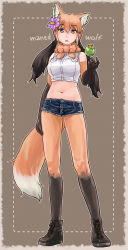 Rule 34 | 1girl, absurdres, animal ear fluff, animal ears, arm at side, bare shoulders, black hair, bow, bowtie, breasts, brown hair, buttons, character name, cropped shirt, denim, denim shorts, elbow gloves, extra ears, flower, food, fruit, full body, fur collar, gloves, hair between eyes, hair flower, hair ornament, hand up, highres, kemono friends, legs apart, pantyhose under shorts, light brown hair, long hair, looking at viewer, maned wolf (kemono friends), midriff, multicolored hair, navel, pantyhose, parted lips, shirt, shoes, short shorts, shorts, sidelocks, sleeveless, sleeveless shirt, solo, standing, stomach, tail, taut clothes, taut shirt, toriny, twintails, very long hair, wolf ears, wolf girl, wolf tail, yellow eyes