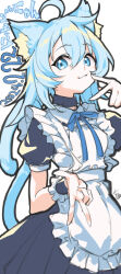 Rule 34 | 1girl, :3, ahoge, animal ear fluff, animal ears, apron, black choker, black dress, blue eyes, blue hair, blue ribbon, cat day, cat ears, cat girl, cat tail, choker, dated, double v, dress, gyaru v, hand on own face, hashtag-only commentary, highres, juliet sleeves, long hair, long sleeves, looking at viewer, maid, maid apron, original, puffy sleeves, ribbon, senobi (senoby), simple background, solo, tail, tail raised, v, white apron, white background