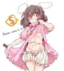 Rule 34 | 1girl, animal ears, areola slip, bad id, bad pixiv id, bloomers, body writing, brown hair, clothes lift, dollar sign, dress, dress lift, english text, female focus, flat chest, grin, groin, inaba tewi, looking at viewer, marker, navel, oekaki, presenting, rabbit ears, red eyes, shirt lift, short hair, smile, solo, speech bubble, takamura, touhou, underwear, white bloomers