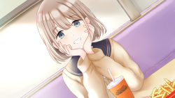 Rule 34 | 1girl, bad id, bad pixiv id, black sailor collar, blue eyes, brown cardigan, brown hair, cardigan, commentary request, copyright name, couch, cup, disposable cup, drinking straw, fast food, food, french fries, gatchapowa, grin, hair between eyes, hands up, idolmaster, idolmaster shiny colors, looking at viewer, on couch, sailor collar, school uniform, serafuku, serizawa asahi, sitting, smile, solo, table, upper body