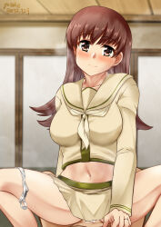 Rule 34 | 1boy, 1girl, breasts, brown eyes, brown hair, clothed male nude female, clothed sex, cowgirl position, hetero, highres, jewelry, kantai collection, large breasts, long hair, long sleeves, midriff, miniskirt, navel, neckerchief, nude, ooi (kancolle), ooi kai ni (kancolle), panties, panties around leg, pov, ring, sailor collar, school uniform, serafuku, skirt, solo focus, spread legs, straddling, underwear, wedding ring, white panties, yellow neckerchief, yellow sailor collar, yellow serafuku, yellow skirt, yo-suke