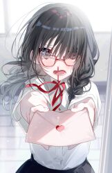 Rule 34 | 1girl, black hair, black skirt, blood, blush, braid, collared shirt, commentary request, day, embarrassed, furrowed brow, giving, glasses, grey eyes, hair over one eye, hair over shoulder, hall, highres, indoors, letter, light particles, love letter, lower teeth only, miwano rag, neck ribbon, nosebleed, open mouth, original, pleated skirt, red ribbon, ribbon, school, school uniform, shirt, shirt tucked in, short sleeves, sidelocks, skirt, solo, teeth, upper body, white shirt