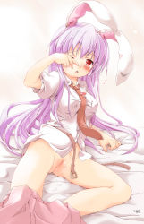 Rule 34 | 1girl, animal ears, belt, blush, bottomless, cleft of venus, clitoris, clothes pull, female focus, highres, long hair, necktie, nekogoro, no panties, purple hair, pussy, pussy juice, rabbit ears, red eyes, red necktie, reisen udongein inaba, solo, touhou, uncensored