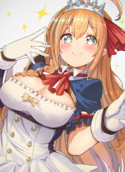 Rule 34 | 1girl, ahoge, blue eyes, blush, braid, breasts, cleavage, food, food on face, gloves, hair between eyes, hair ornament, hair ribbon, hands up, haruken, large breasts, long hair, looking at viewer, orange hair, pecorine (princess connect!), princess connect!, ribbon, short sleeves, simple background, smile, solo, sparkle, split mouth, star-shaped pupils, star (symbol), symbol-shaped pupils, tiara, very long hair, white background, white gloves