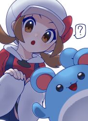 Rule 34 | 1girl, :o, ?, blue overalls, bow, brown eyes, brown hair, cabbie hat, creatures (company), game freak, gen 2 pokemon, grey outline, hat, hat bow, highres, lyra (pokemon), marill, nintendo, omochi (omotimotittona3), open mouth, outline, overalls, pokemon, pokemon (creature), pokemon hgss, red bow, short hair, speech bubble, spoken question mark, squatting, thighhighs, white hat, white thighhighs