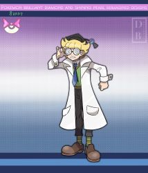 Rule 34 | 1boy, adjusting eyewear, alternate costume, barry (pokemon), black hat, blonde hair, blue necktie, blunt bangs, brown footwear, clenched hand, collared shirt, commentary, copyright name, creatures (company), dreambig, full body, game freak, glasses, green vest, hat, highres, lab coat, long sleeves, male focus, necktie, nintendo, outline, pants, pokemon, pokemon dppt, shirt, shoes, short hair, socks, solo, standing, striped clothes, striped socks, vest, watermark, white shirt