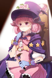 Rule 34 | 1girl, blush, bow, bracelet, cloak, crescent conundrum, dress, earrings, flower, frills, gloves, hat, jewelry, light particles, lowres, markings, microphone, pink eyes, pink hair, ribbon, rose, solo, spotlight, star (symbol), sword girls, top hat, twintails