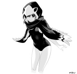 Rule 34 | 1girl, armpit crease, breasts, copyright name, greyscale, hawkeye girl (mechanical buddy universe), highres, hood, hood up, ishiyumi, leaning forward, looking at viewer, mechanical buddy universe, monochrome, one-piece swimsuit, open hands, scarf, small breasts, smile, solo, swimsuit, white background