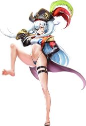 Rule 34 | 1girl, armband, bikini, bikini under clothes, black gloves, breasts, cape, cyclops princess (last origin), eyepatch, feet, flip-flops, gloves, hand on own hip, hat, hat feather, highres, jolly roger, last origin, medium breasts, mr.yun, official art, open clothes, open vest, over shoulder, pirate costume, pirate hat, purple cape, red armband, sandals, short sword, simple background, smile, solo, swimsuit, sword, sword over shoulder, thigh strap, transparent background, vest, weapon, weapon over shoulder, white hair, yellow eyes