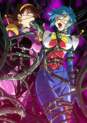 Rule 34 | 2girls, allenby beardsley, bdsm, blue eyes, blue hair, bodysuit, breasts, cable, cleavage, covered erect nipples, earrings, enfuku, g gundam, green eyes, gundam, hairband, jewelry, mobile trace suit, multiple girls, one eye closed, open mouth, oral, rain mikamura, restrained, saliva, short hair, skin tight, skindentation, strangling, suggestive fluid, sweat, tentacles, tongue, tongue out, wire