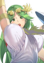 Rule 34 | 1girl, ancient greek clothes, armlet, ashiomi masato, breasts, chiton, dress, green eyes, green hair, jewelry, kid icarus, large breasts, long hair, looking at viewer, necklace, nintendo, open mouth, palutena, simple background, solo, super smash bros., tiara, very long hair, white background