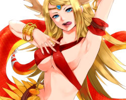 Rule 34 | 1girl, armpits, blonde hair, blue eyes, bracelet, breasts, echidna (p&amp;d), highres, jewelry, kuroame, lamia, large breasts, long hair, lots of jewelry, monster girl, puzzle &amp; dragons, solo