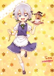Rule 34 | 2girls, 6 (yuchae), aged down, apron, blonde hair, blue eyes, cup, food, full body, hat, in food, izayoi sakuya, kirisame marisa, maid, maid apron, maid headdress, mary janes, mini person, minigirl, multiple girls, open mouth, pocket watch, polka dot, polka dot background, round teeth, running, saucer, shoes, silver hair, smile, socks, solo focus, spoon, teacup, teeth, touhou, tray, waist apron, watch, witch hat, yellow eyes