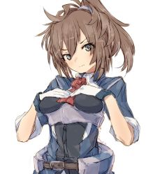 Rule 34 | 1girl, alchera, ascot, blue eyes, brown hair, flower, gloves, hair between eyes, hands on own chest, kantai collection, long hair, looking at viewer, military, military uniform, ponytail, red ascot, red flower, red rose, rose, sheffield (kancolle), simple background, solo, uniform, upper body, white background, white gloves