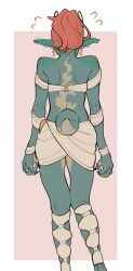 Rule 34 | 1girl, absurdres, arms at sides, blush, colored skin, contra (porqueloin), dragon girl, ear blush, feet out of frame, from behind, green skin, highres, horns, o-ring, o-ring top, orange hair, original, pointy ears, ponytail, porqueloin, reptile girl, scales, skirt, solo, strapless, tail, tube top, white skirt, white tube top