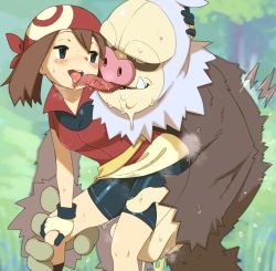 Rule 34 | 1girl, 2equal8, bad id, bad twitter id, bandana, bike shorts, blue eyes, blue sky, blush, breasts, brown hair, clothed sex, covered erect nipples, creature, creatures (company), day, fang, game freak, gen 3 pokemon, girl on top, gloves, half-closed eyes, hand on another&#039;s head, hand on own knee, heavy breathing, hetero, hip focus, humping, leg grab, licking, may (pokemon), nintendo, nose, open mouth, outdoors, pokemon, pokemon (creature), pokemon rse, pokephilia, pussy juice, pussy juice trail, saliva, saliva trail, sex, short hair, short sleeves, sky, slaking, small breasts, smile, sweat, tongue, tongue out, tree, wristband