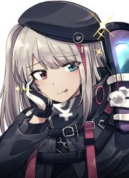 Rule 34 | 1girl, :p, beret, black hat, blue eyes, cellphone, flip phone, girls&#039; frontline, gloves, grey hair, hand on own cheek, hand on own face, hat, heterochromia, highres, holding, holding phone, lix (iroiro3843), long hair, mdr (girls&#039; frontline), multicolored hair, phone, pink eyes, pink hair, selfie, simple background, smile, solo, sparkle, star (symbol), streaked hair, tactical clothes, tongue, tongue out, upper body, white background