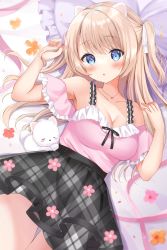 Rule 34 | 1girl, animal ears, bed, blonde hair, blue eyes, blush, bow, breasts, dog, dog ears, dog girl, hair bow, hamico, highres, indie virtual youtuber, looking at viewer, looking up, lying, on back, pale skin, shiroinu lily, skirt, virtual youtuber