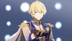 Rule 34 | 1boy, alternate costume, beckoning, black gloves, blonde hair, blue eyes, cape, earpiece, epaulettes, gloves, gold trim, hair between eyes, holostars, idol clothes, jacket, kishido temma, lapels, looking at viewer, male focus, mandarin collar, microphone, momose (oqo), outstretched hand, peaked lapels, shirt, short hair, smile, solo, stage lights, upper body, virtual youtuber, white cape, white jacket, white shirt