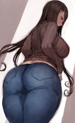 Rule 34 | 1girl, ass, blush, breasts, brown eyes, brown hair, c.cu, curvy, denim, female focus, from behind, from below, highres, huge ass, jeans, large breasts, long hair, looking at viewer, looking back, midriff, original, pants, pantylines, plump, skin tight, solo, standing, sweater, thighs, tsuyuhara miu