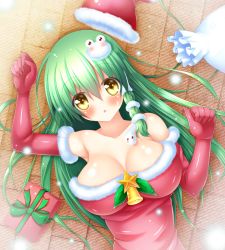Rule 34 | 1girl, alternate costume, bare shoulders, blush, breasts, cleavage, commentary request, dress, elbow gloves, frog hair ornament, gift, gloves, hair ornament, hat, highres, kochiya sanae, large breasts, lying, navel, on back, open mouth, osashin (osada), red dress, red gloves, sack, santa costume, santa hat, snake hair ornament, solo, star (symbol), touhou, yellow eyes