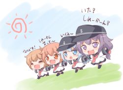Rule 34 | 10s, 4girls, :d, ^ ^, aged down, akatsuki (kancolle), alternate hairstyle, anchor symbol, black hair, black legwear, blue eyes, bow, brown eyes, brown hair, closed eyes, dress, fang, flat cap, gale kawaii, gradient background, hair bow, hair ribbon, hat, hibiki (kancolle), ikazuchi (kancolle), inazuma (kancolle), kantai collection, long hair, long sleeves, low-tied long hair, multiple girls, nanodesu (phrase), neckerchief, open mouth, outstretched arms, peaked cap, red ribbon, ribbon, running, sailor dress, short hair, silver hair, skin fang, sleeves past wrists, smile, spread arms, text focus, thighhighs, translation request, very long hair