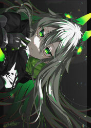 Rule 34 | 1girl, adjusting clothes, animal ears, black gloves, black jacket, close game/offline (project sekai), closed mouth, commentary, gloves, green eyes, green gloves, green hair, green theme, highres, jacket, kusanagi nene, light particles, long hair, long sleeves, looking at viewer, low-tied long hair, mechanical ears, project sekai, rabbit ears, shinonome neko-tarou, sideways, smile, solo, two-tone gloves, very long hair