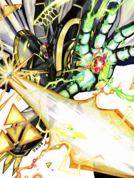 Rule 34 | absurdres, alphamon, armor, cape, digicore, digimon, energy sword, highres, looking at viewer, solo, sword, weapon, yellow eyes