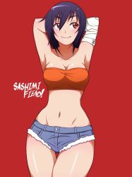 Rule 34 | 1girl, absurdres, armpits, arms behind head, arms up, artist name, bandaged arm, bandages, bandeau, bare shoulders, blush, breasts, cleavage, commentary, cowboy shot, cutoffs, english commentary, groin, hair between eyes, highres, kanbaru suruga, looking to the side, micro shorts, midriff, monogatari (series), navel, orange bandeau, orange tube top, purple hair, red background, red eyes, sashimifiend, short hair, shorts, simple background, small breasts, smile, solo, standing, stomach, strapless, thighs, tube top