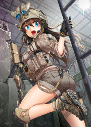 Rule 34 | 1girl, ass, belt, black gloves, blue eyes, breasts, brown belt, brown headwear, brown shorts, bulletproof vest, fang, foot up, from below, gloves, gpnvg-18, gun, hair between eyes, headset, holding, holding weapon, indoors, kws, ladder, light, long sleeves, medium breasts, night-vision device, original, pouch, shiny skin, shoes, shorts, signature, smile, solo, tongue, weapon, wide field of view device