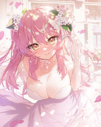 Rule 34 | 1girl, adjusting hair ornament, apple caramel, bare arms, bare shoulders, blush, breasts, cherry blossoms, cleavage, closed mouth, commentary, commission, covered navel, dress, flower, hair between eyes, hair flower, hair ornament, hair ribbon, highres, idolmaster, idolmaster cinderella girls, idolmaster cinderella girls starlight stage, jougasaki mika, large breasts, leaning forward, long bangs, looking at viewer, neck ribbon, petals, pink hair, pixiv commission, ribbon, sleeveless, sleeveless dress, smile, solo, strapless, strapless dress, twintails, wedding dress, white dress, white flower, white ribbon, yellow eyes