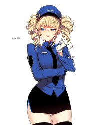 Rule 34 | 1girl, absurdres, black necktie, black skirt, black thighhighs, blonde hair, blue eyes, blue hat, blue shirt, blush, breasts, character request, collared shirt, cowboy shot, drill hair, dungeon and fighter, ear piercing, gloves, hat, highres, korean text, long sleeves, looking away, looking to the side, medium breasts, mendou kusai, necktie, panties, parted lips, peaked cap, pencil skirt, piercing, pointy ears, shirt, simple background, sitting, skirt, solo, striped clothes, striped panties, thighhighs, translation request, twin drills, twintails, underwear, white background, white gloves