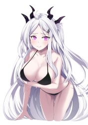 Rule 34 | 1girl, absurdly long hair, absurdres, aged up, alternate breast size, alternate costume, arm under breasts, bikini, black bikini, black horns, blue archive, blush, breasts, cleavage, closed mouth, collarbone, commentary, english commentary, gluteal fold, hair ornament, hairclip, halterneck, highres, hina (blue archive), horns, kneeling, large breasts, leaning forward, long hair, looking at viewer, minjiharu, purple eyes, solo, string bikini, swimsuit, very long hair, white hair