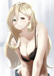 Rule 34 | 1girl, absurdres, bare shoulders, black bra, blonde hair, blush, bra, breasts, cleavage, closed mouth, denim, denim shorts, green eyes, hair between eyes, highres, kantai collection, large breasts, long hair, looking at viewer, mole, mole under eye, mole under mouth, navel, pants, richelieu (kancolle), shorts, simple background, solo, tama (tamago), underwear, upper body, yellow eyes