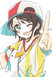 Rule 34 | 1girl, :d, baseball cap, bird, black hair, blue eyes, duck, hat, highres, hololive, index finger raised, looking at viewer, multicolored clothes, multicolored eyes, multicolored hat, namori, one eye closed, oozora subaru, oozora subaru (1st costume), open mouth, shirt, smile, solo, striped clothes, striped shirt, swept bangs, teeth, upper teeth only, vertical-striped clothes, vertical-striped shirt, virtual youtuber