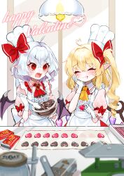Rule 34 | 2girls, :t, absurdres, ahoge, angry, aorin oekaki, apron, ascot, bat wings, blonde hair, blush, bow, candy, ceiling light, center frills, chef hat, chocolate, chocolate heart, chocolate making, closed eyes, crystal, drill hair, drill ponytail, fang, flandre scarlet, food, food on face, frilled apron, frilled shirt collar, frills, gloves, hair bow, hair intakes, happy valentine, hat, heart, heart ahoge, highres, long hair, medium hair, multiple girls, pink shirt, pointy ears, puffy short sleeves, puffy sleeves, red ascot, red brooch, red eyes, red ribbon, remilia scarlet, ribbon, shirt, short sleeves, siblings, side ponytail, sisters, sugar (food), sweat, touhou, v-shaped eyebrows, valentine, white apron, white gloves, white hair, white headwear, wings, yellow ascot