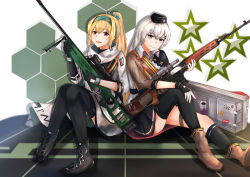 Rule 34 | 2girls, absurdres, assault rifle, black footwear, black gloves, black headwear, black legwear, black skirt, blonde hair, bolt action, boots, brown footwear, brown jacket, character name, dragunov svd, fingerless gloves, girls&#039; frontline, gloves, green ribbon, grey eyes, grey hair, gun, hair ribbon, hairband, hand on weapon, hat, highres, holding, holding weapon, huge filesize, jacket, long hair, looking at viewer, military, military hat, military uniform, mod3 (girls&#039; frontline), multiple girls, muteppona hito, on floor, open mouth, red eyes, ribbon, rifle, russian flag, shirt, simple background, sitting, skirt, smile, sniper rifle, sv-98, sv-98 (girls&#039; frontline), sv-98 (mod3) (girls&#039; frontline), svd (girls&#039; frontline), tape, thighhighs, uniform, weapon, weapon case, white jacket, white shirt