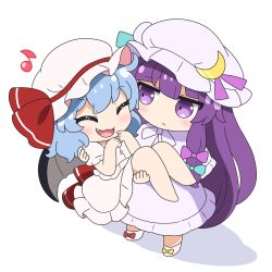 Rule 34 | 2girls, :&lt;, barefoot, bat wings, blue bow, blue hair, blue ribbon, blunt bangs, blush, bow, carrying, chibi, closed eyes, closed mouth, commentary request, commission, crescent, crescent hat ornament, dress, dress ribbon, fang, footwear bow, frown, full body, hair bow, hair ribbon, hat, hat ornament, highres, lavender dress, light blue hair, long hair, mob cap, multiple girls, musical note, open mouth, patchouli knowledge, pink bow, pink dress, pink ribbon, pixiv commission, princess carry, purple eyes, purple hair, red bow, red ribbon, remilia scarlet, ribbon, rizleting, shadow, short hair, simple background, smile, touhou, very long hair, white background, wings, yellow bow