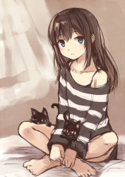 Rule 34 | 1girl, barefoot, black cat, black hair, blue eyes, cat, highres, indian style, kyuri, long hair, off shoulder, original, parted lips, sitting, sketch, solo, striped
