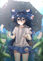 Rule 34 | 1girl, bad id, bad twitter id, blue bow, blue eyes, blue hair, blue skirt, blush, bow, bracelet, collarbone, hair bow, highres, holding, holding umbrella, hood, hoodie, jewelry, long hair, looking away, outdoors, parted lips, short sleeves, sketch, skirt, solo, teraguchi, touhou, triangle mouth, umbrella, yorigami shion