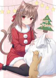 Rule 34 | 1girl, animal, animal ear fluff, animal ears, anz32, argyle, argyle background, argyle clothes, black thighhighs, boots, bow, braid, brown hair, cat, cat ears, cat girl, cat tail, christmas, christmas tree, closed mouth, commentary request, dress, feet out of frame, fur-trimmed dress, fur-trimmed sleeves, fur trim, gemini (symbol), hair between eyes, hair bow, hair ornament, holding, holding sack, long hair, long sleeves, looking at viewer, merry christmas, nina (anz32), original, red bow, red dress, red eyes, red footwear, sack, sitting, smile, solo, star (symbol), star hair ornament, tail, thighhighs, twitter username, very long hair, wariza