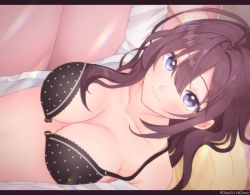 Rule 34 | 10s, 1girl, :3, black bra, blue eyes, blush, bra, breasts, brown hair, cleavage, front-hook bra, ichinose shiki, idolmaster, idolmaster cinderella girls, large breasts, letterboxed, long hair, looking at viewer, lying, monotiina, open bra, open clothes, open shirt, shirt, smile, solo, unbuttoned, unbuttoned shirt, underwear, unfastened