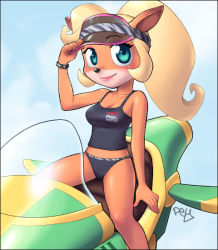 Rule 34 | 1girl, aircraft, airplane, blonde hair, breasts, coco bandicoot, crash bandicoot (series), furry, game console, legs, pey, ponytail, smile, water ski