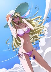 Rule 34 | 1girl, bikini, blonde hair, blue eyes, blue hat, blush, breasts, cleavage, code geass, code geass: boukoku no akito, flower, groin, hair ribbon, hand in own hair, hat, highres, large breasts, leila malcal, long hair, looking at viewer, navel, official art, open mouth, pink bikini, pink ribbon, red flower, ribbon, scan, side-tie bikini bottom, solo, standing, sun hat, swimsuit, tattoo