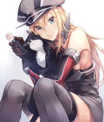 Rule 34 | 10s, 1girl, :t, anchor hair ornament, bismarck (kancolle), black cat, blonde hair, blue eyes, brown gloves, cat, cheek squash, detached sleeves, elbow gloves, gloves, grey thighhighs, hair ornament, hat, kantai collection, long hair, looking at viewer, military, military hat, military uniform, peaked cap, simple background, sitting, thighhighs, uniform, unsinkable sam, white background, yomo (majidon)
