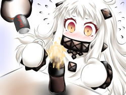 Rule 34 | 10s, 1girl, abyssal ship, ahoge, blush, bubble, can, colored skin, dress, drink can, flying sweatdrops, horns, kantai collection, long hair, mittens, northern ocean princess, ouno (nounai disintegration), soda, soda bottle, soda can, white dress, white hair, white skin, yellow eyes