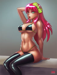 Rule 34 | 1girl, arm support, arm up, bikini, black bikini, bow, breasts, genkai zero, green eyes, hair bow, long hair, looking at viewer, navel, open mouth, original, pink hair, sitting, solo, stomach, swimsuit, thighhighs